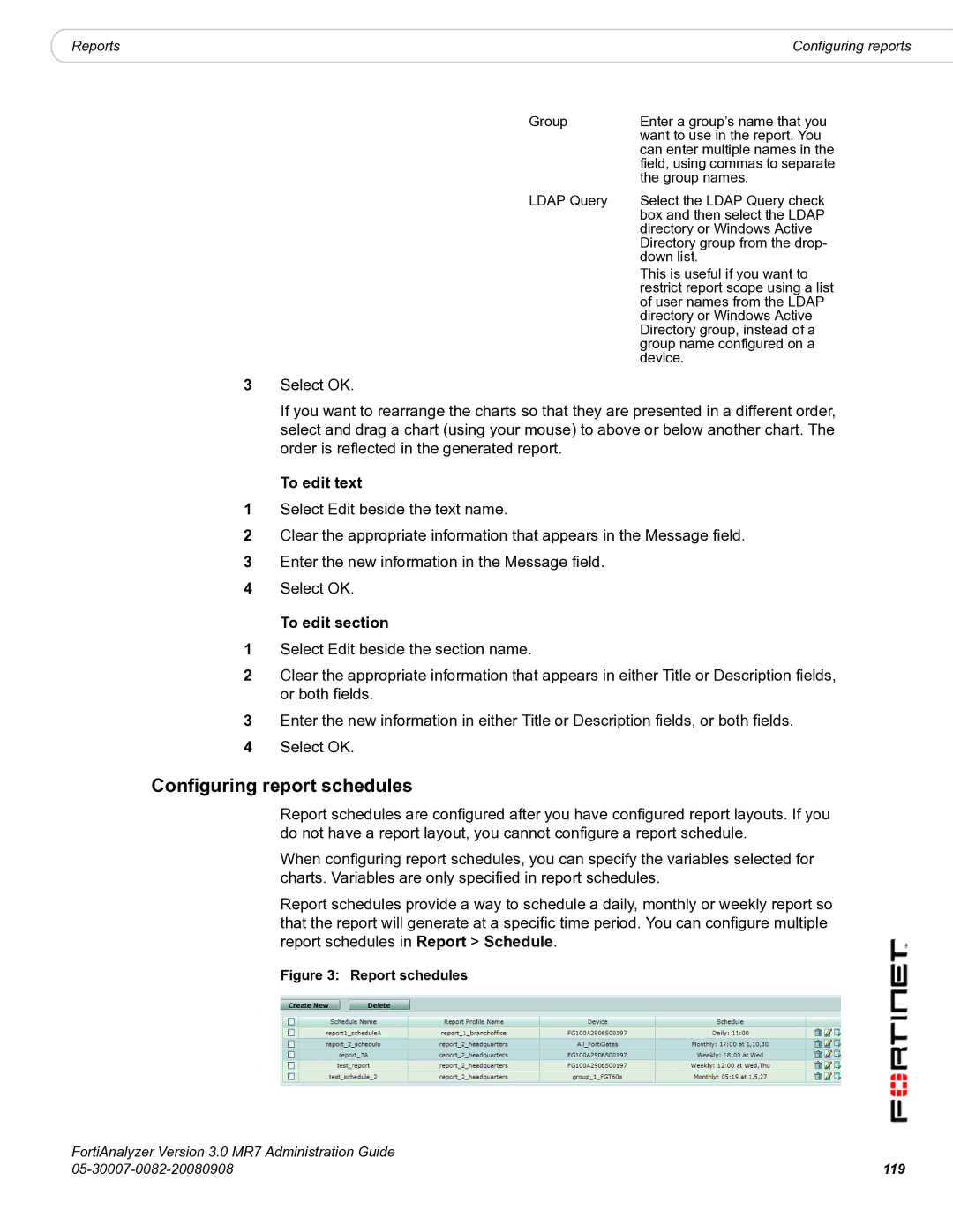 Fortinet 3.0 MR7 manual Configuring report schedules, To edit text, To edit section, 119 