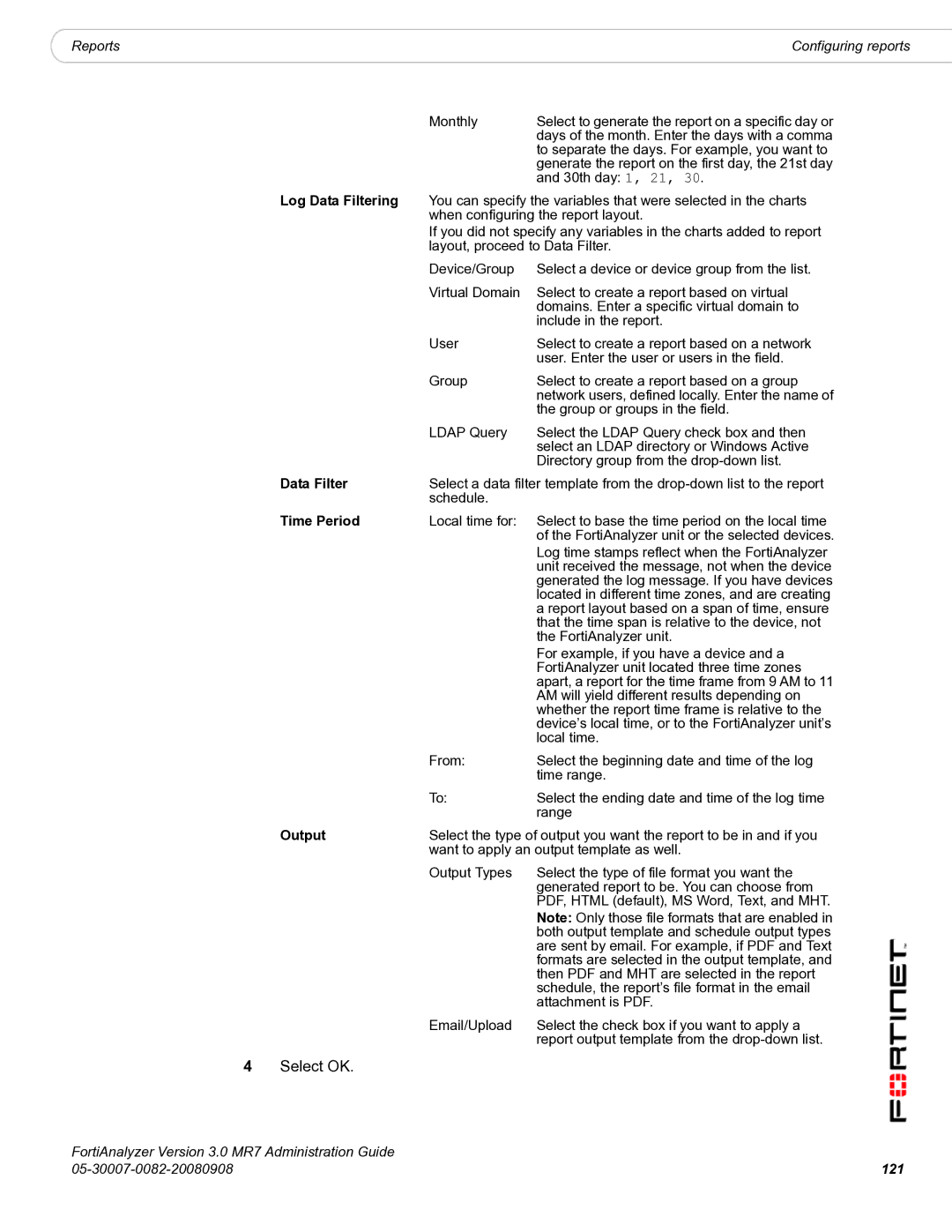 Fortinet 3.0 MR7 manual Log Data Filtering, Time Period, 121 