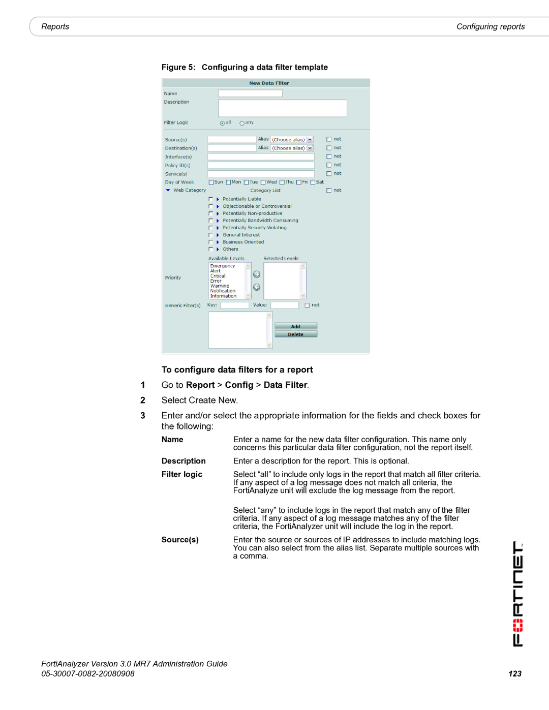 Fortinet 3.0 MR7 manual Filter logic, Sources, 123 