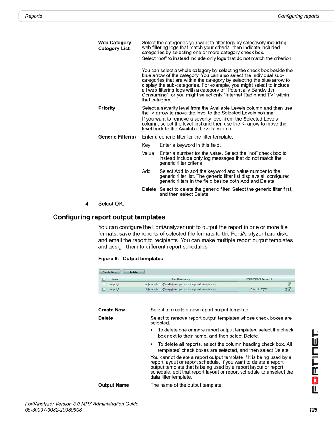 Fortinet 3.0 MR7 manual Configuring report output templates, 125 