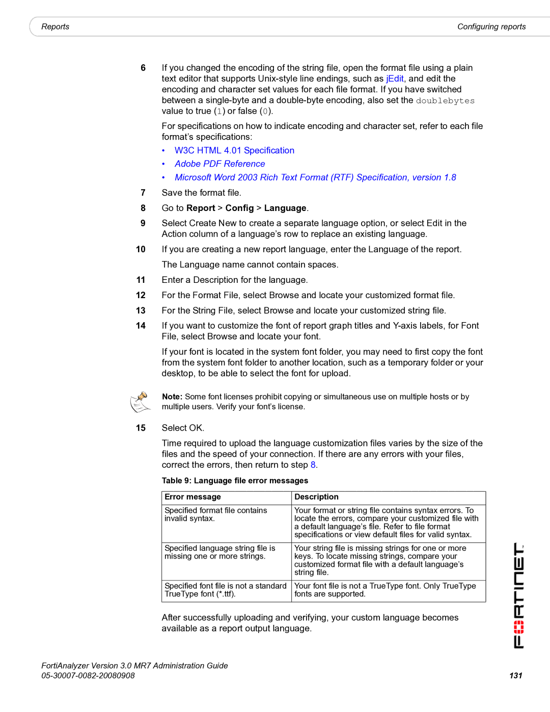 Fortinet 3.0 MR7 manual Save the format file, Language file error messages Error message Description, 131 