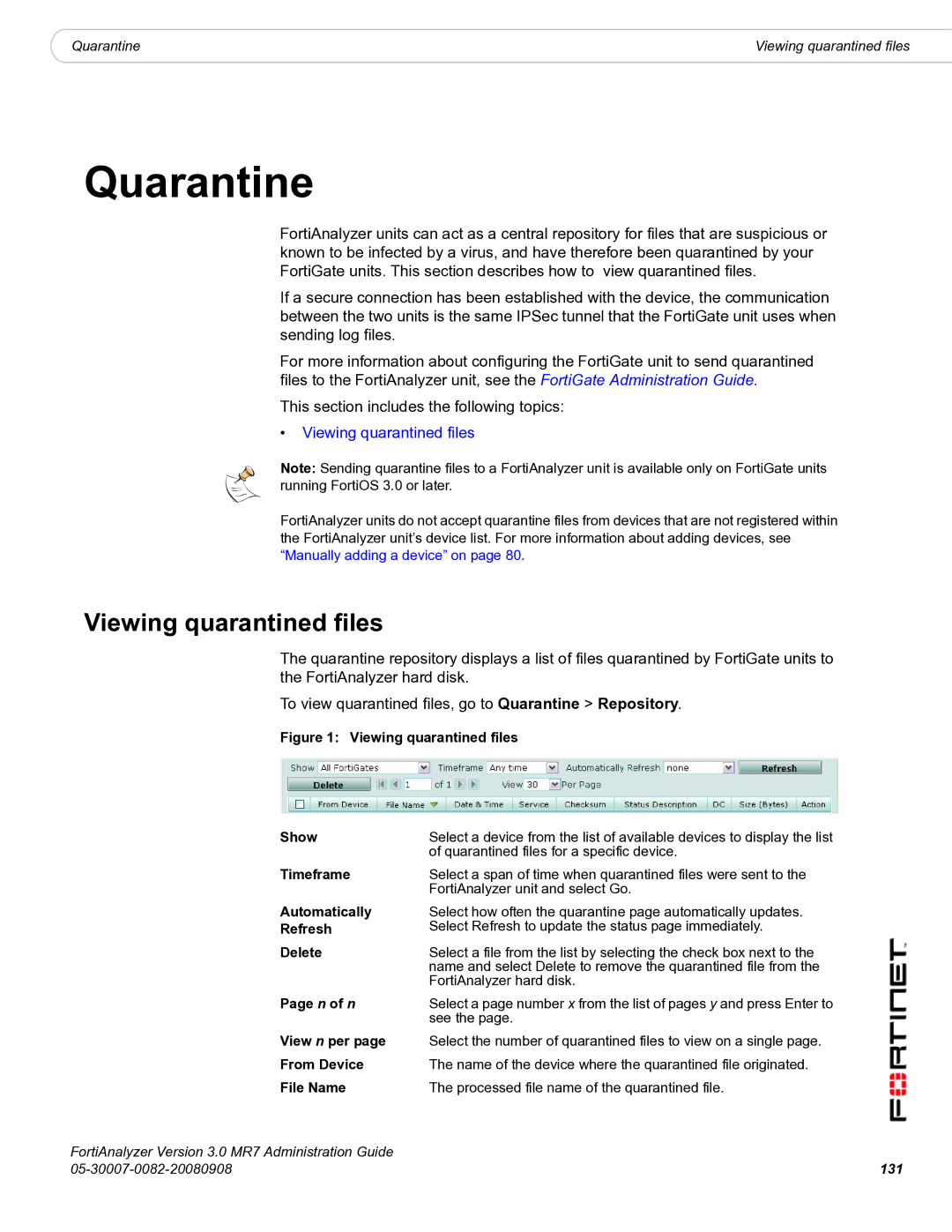 Fortinet 3.0 MR7 manual Viewing quarantined files, Quarantined files for a specific device, See 