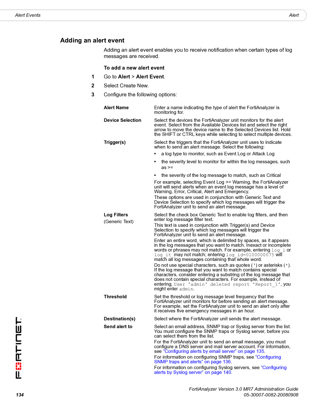 Fortinet 3.0 MR7 manual Adding an alert event, To add a new alert event Go to Alert Alert Event 