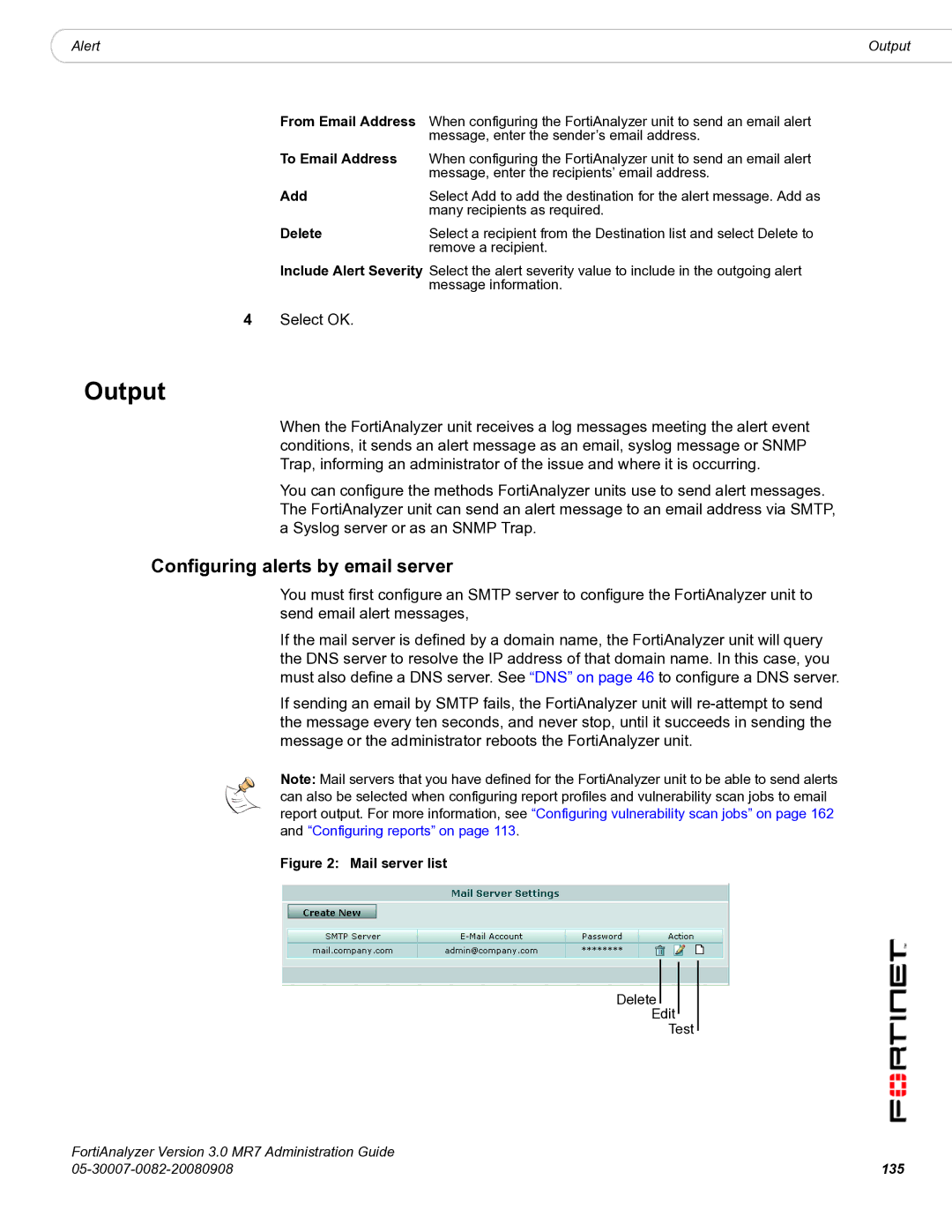 Fortinet 3.0 MR7 manual Output, Configuring alerts by email server, To Email Address, 135 