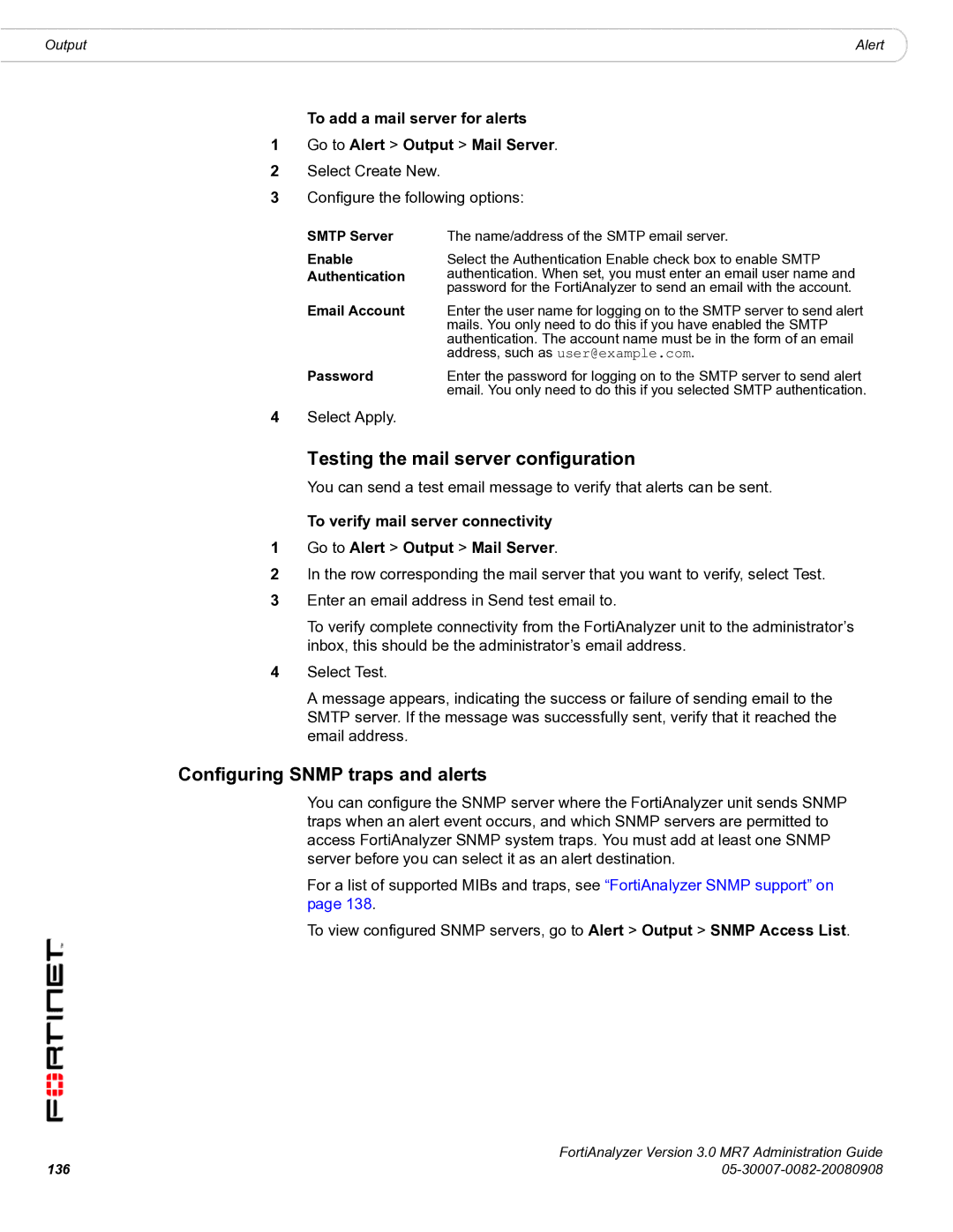 Fortinet 3.0 MR7 manual Testing the mail server configuration, Configuring Snmp traps and alerts, Smtp Server, Enable 