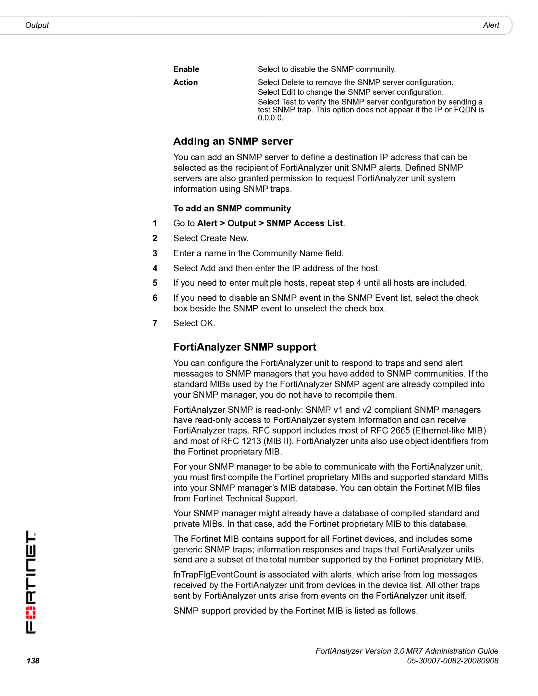 Fortinet 3.0 MR7 manual Adding an Snmp server, FortiAnalyzer Snmp support 