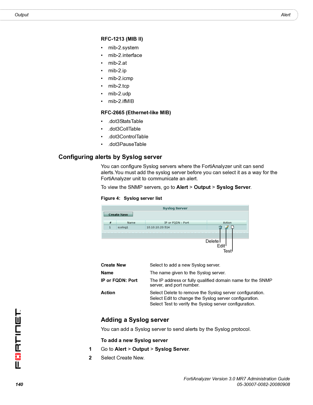 Fortinet 3.0 MR7 Configuring alerts by Syslog server, Adding a Syslog server, RFC-1213 MIB, RFC-2665 Ethernet-like MIB 