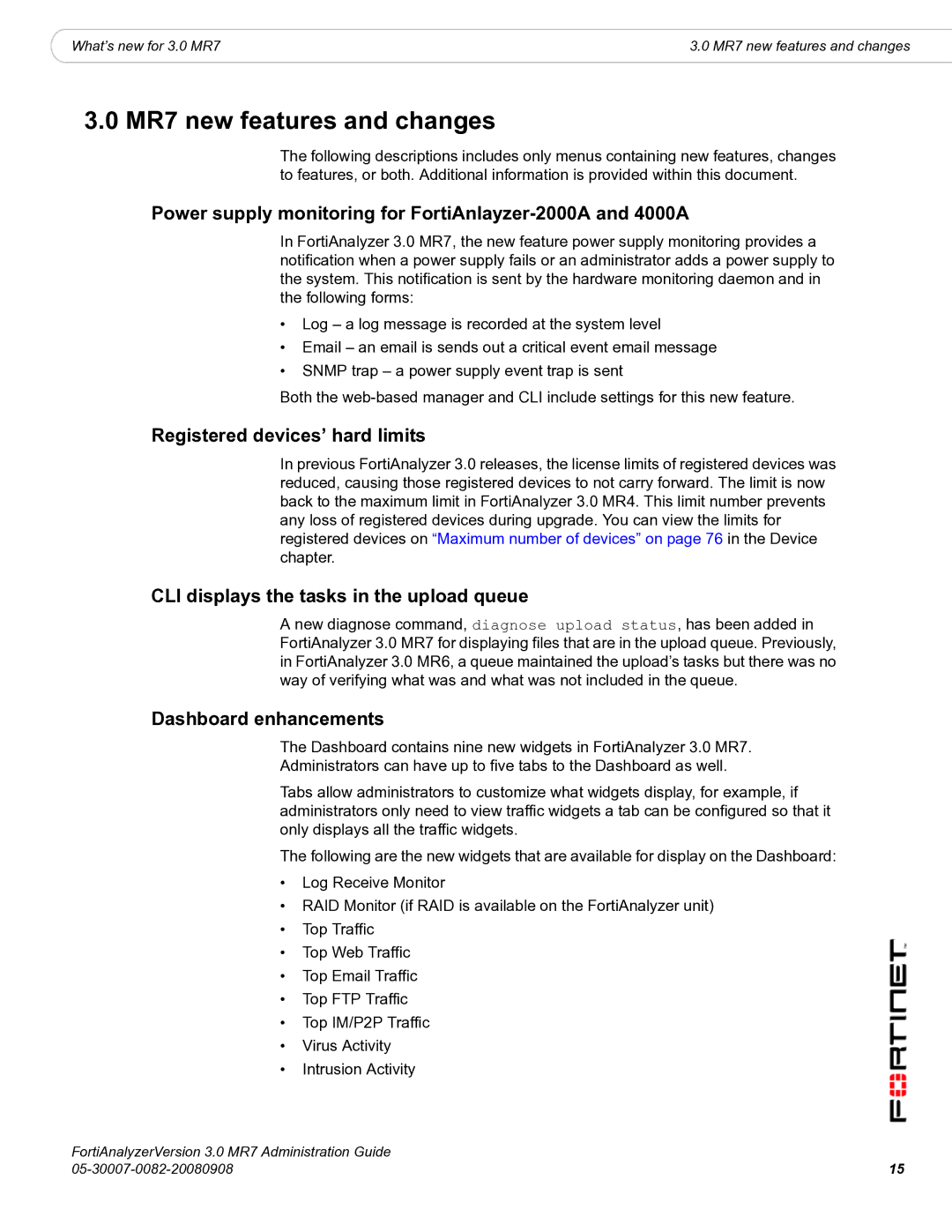 Fortinet 3.0 MR7 manual MR7 new features and changes, Power supply monitoring for FortiAnlayzer-2000A and 4000A 