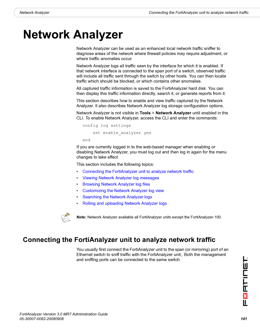 Fortinet 3.0 MR7 manual Network Analyzer, Config log settings Set enableanalyzer yes End 