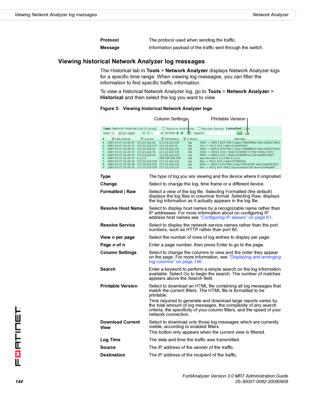 Fortinet 3.0 MR7 Viewing historical Network Analyzer log messages, Protocol Protocol used when sending the traffic Message 