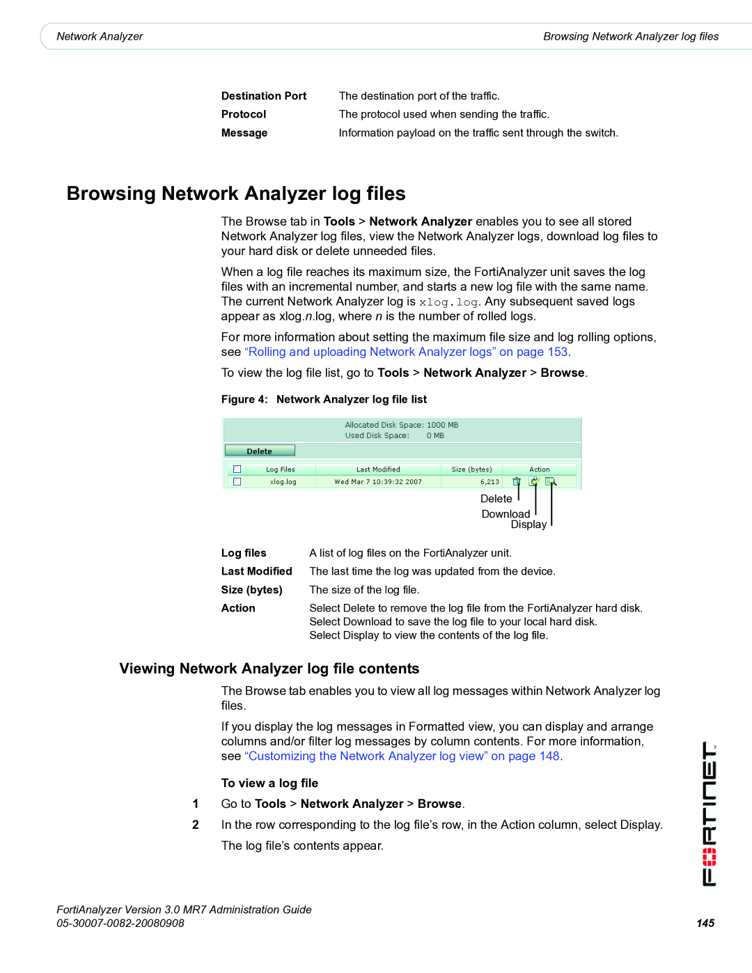 Fortinet 3.0 MR7 manual Browsing Network Analyzer log files, Viewing Network Analyzer log file contents 