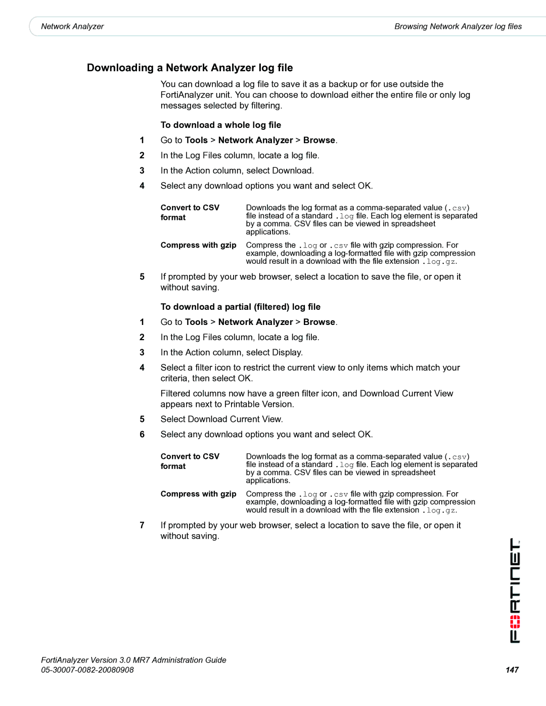 Fortinet 3.0 MR7 manual Downloading a Network Analyzer log file, 147 