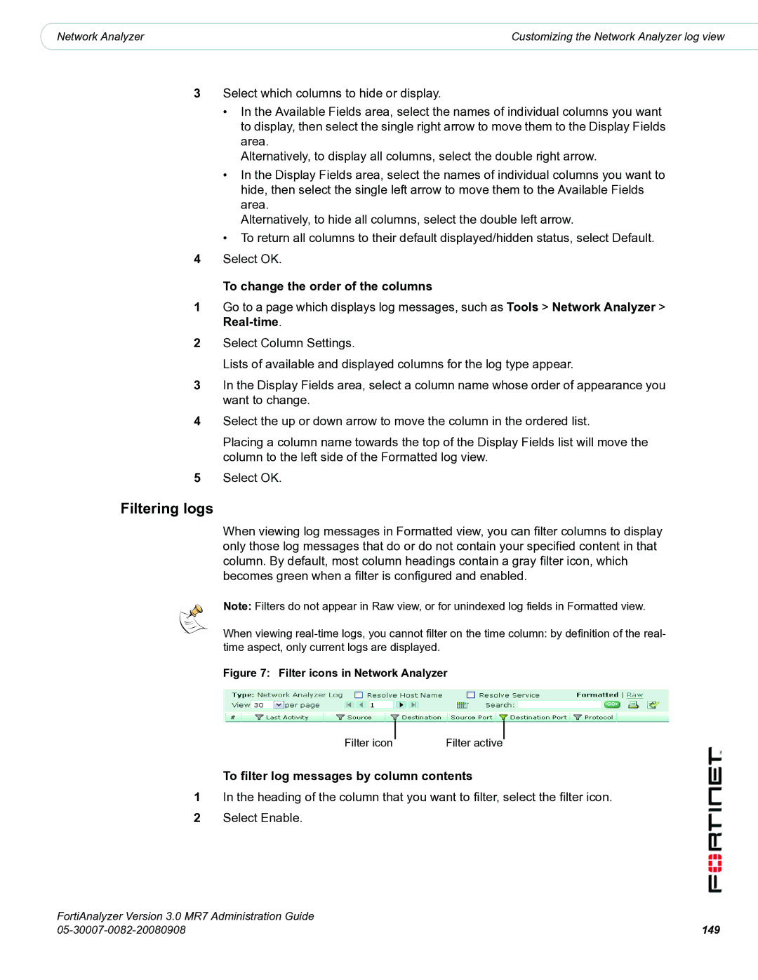 Fortinet 3.0 MR7 manual Filter icons in Network Analyzer, 149 