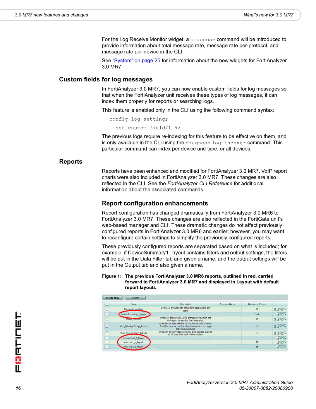 Fortinet 3.0 MR7 manual Custom fields for log messages, Reports, Report configuration enhancements 