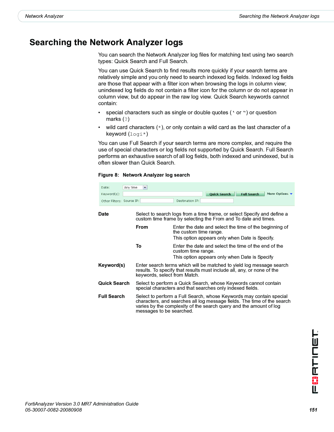 Fortinet 3.0 MR7 manual Searching the Network Analyzer logs, Keywords, Quick Search, Full Search, 151 