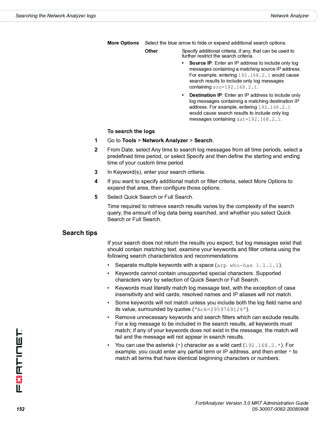 Fortinet 3.0 MR7 manual To search the logs Go to Tools Network Analyzer Search, Other 