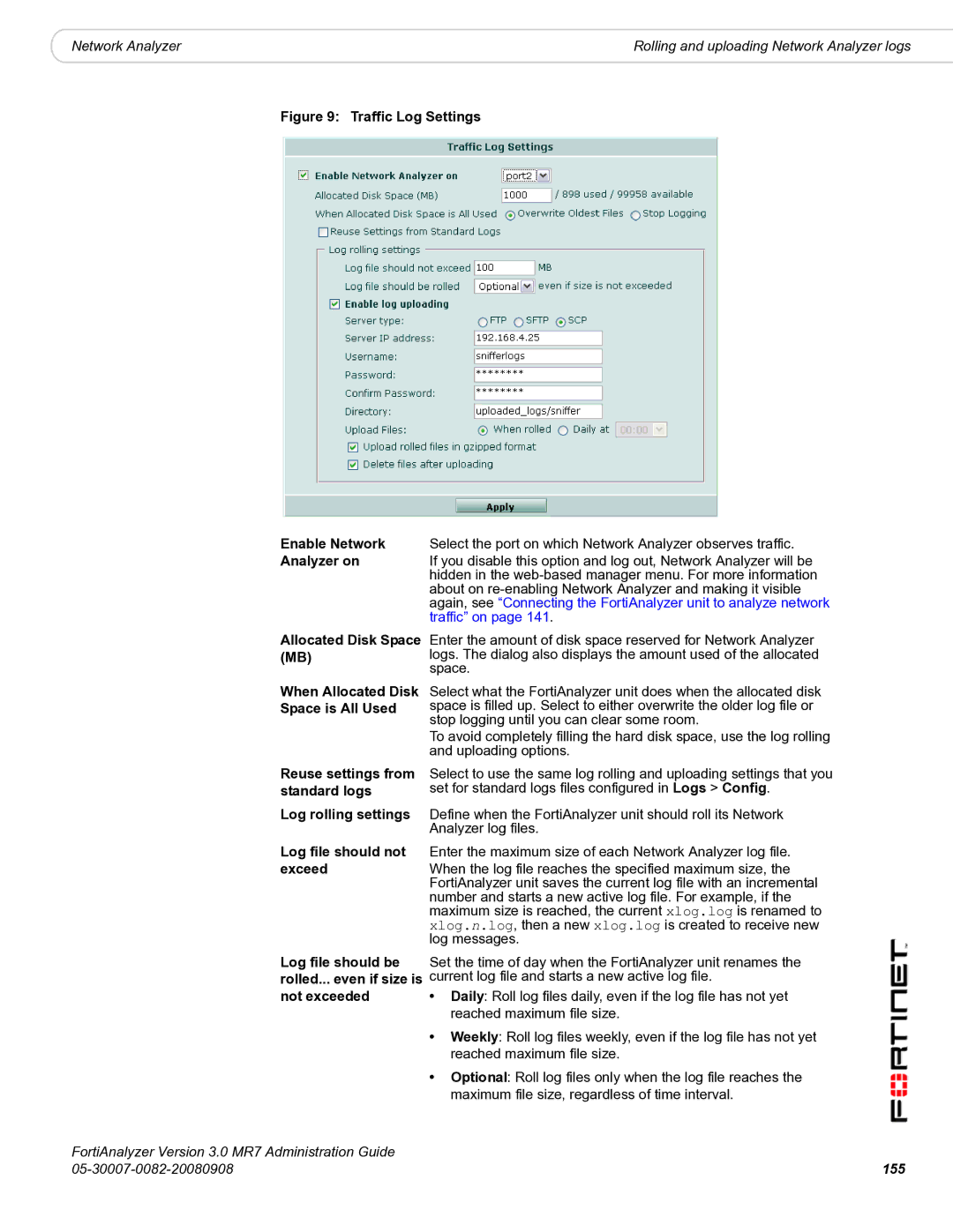 Fortinet 3.0 MR7 manual Log file should be rolled... even if size is not exceeded, 155 