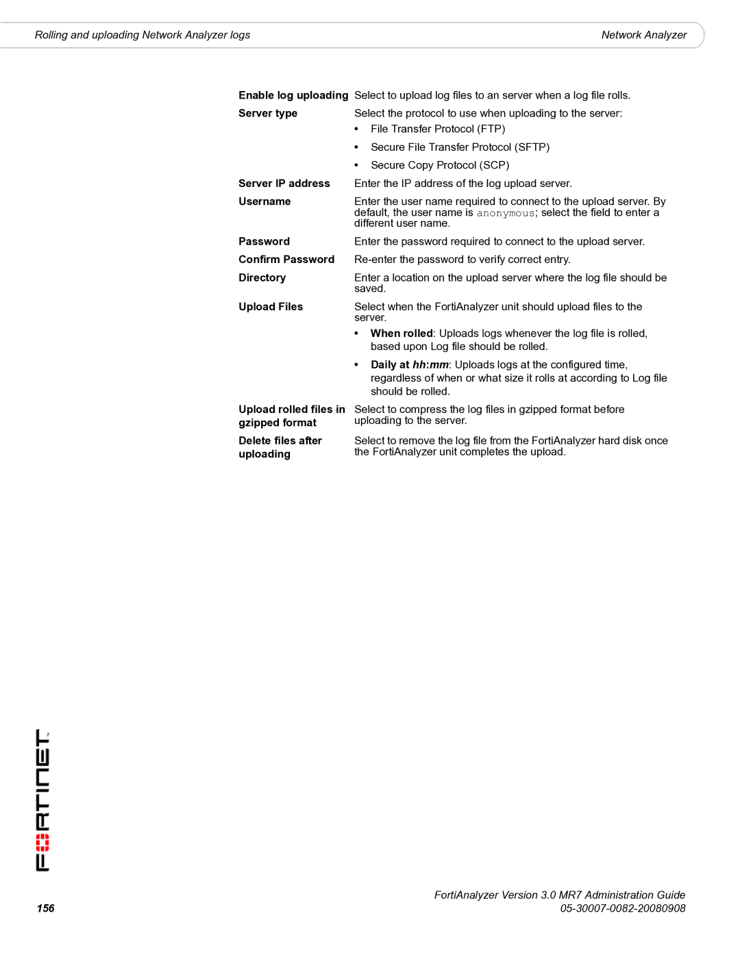 Fortinet 3.0 MR7 manual Select the protocol to use when uploading to the server 