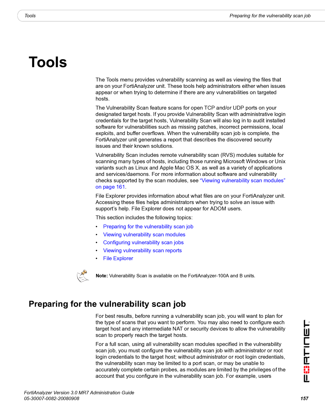 Fortinet 3.0 MR7 manual Tools, Preparing for the vulnerability scan job, 157 