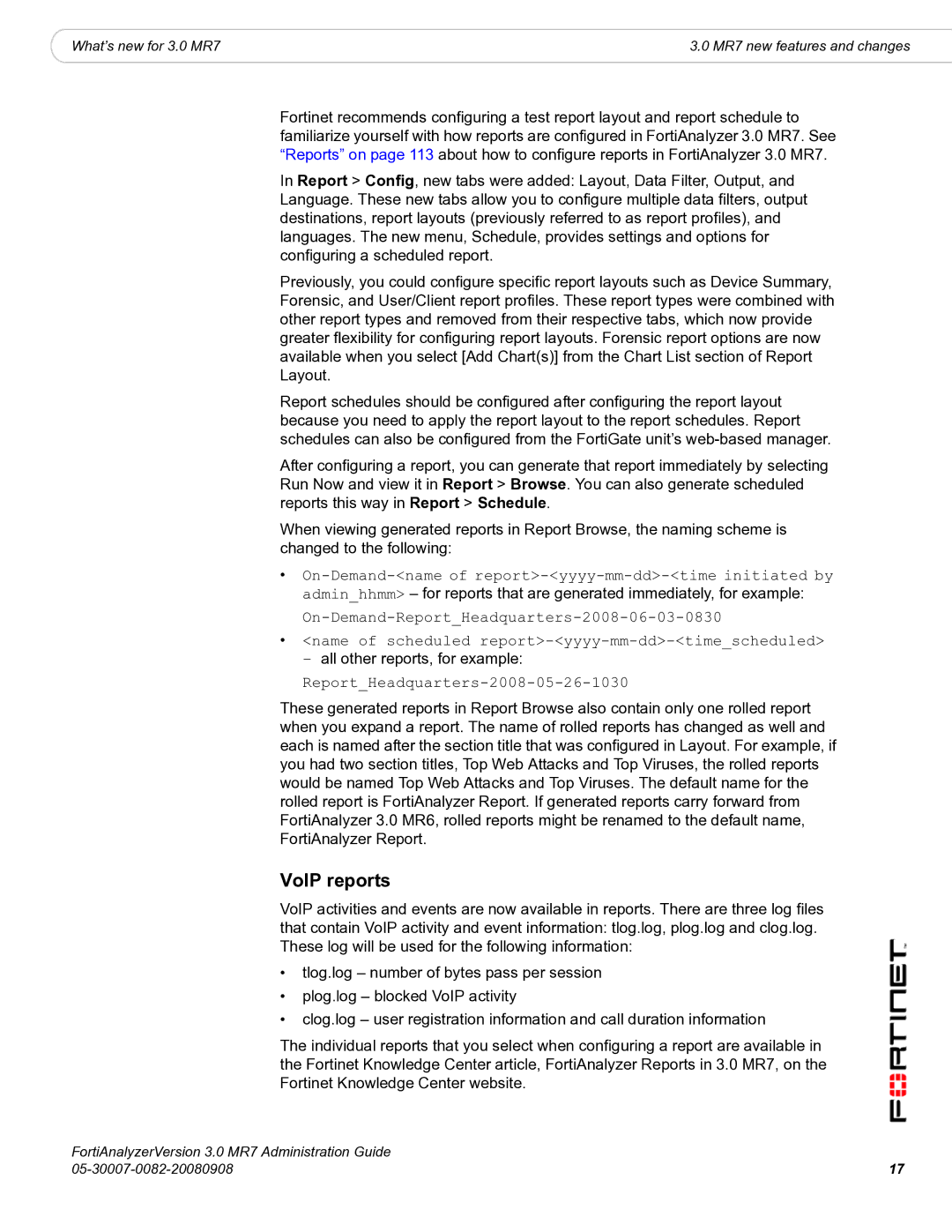 Fortinet 3.0 MR7 manual VoIP reports, All other reports, for example, ReportHeadquarters-2008-05-26-1030 