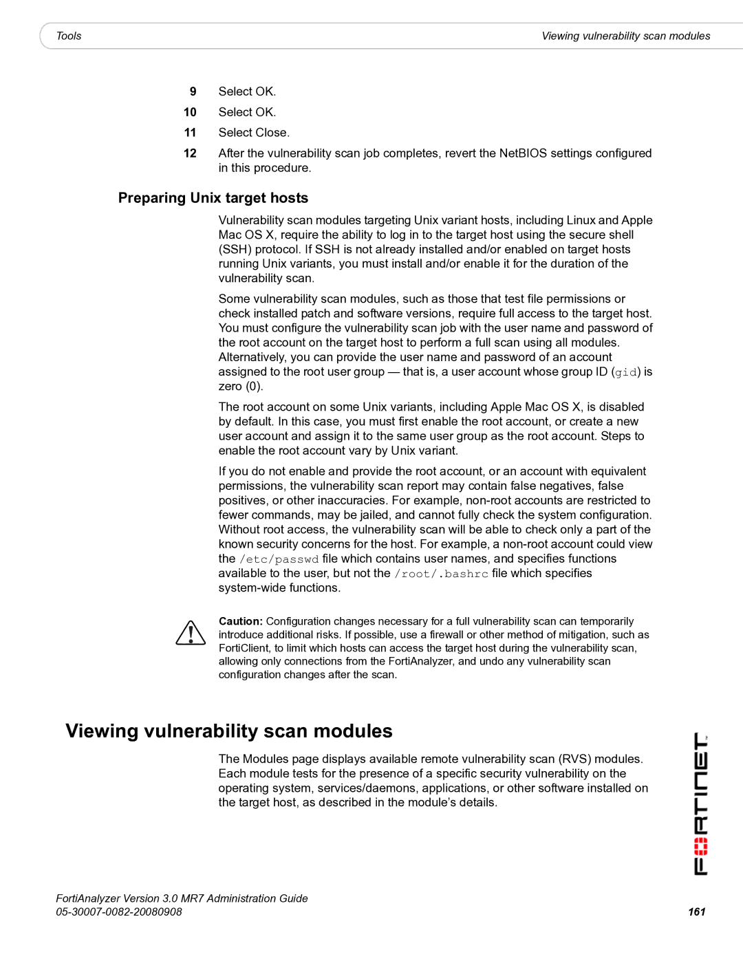 Fortinet 3.0 MR7 manual Viewing vulnerability scan modules, Preparing Unix target hosts, 161 