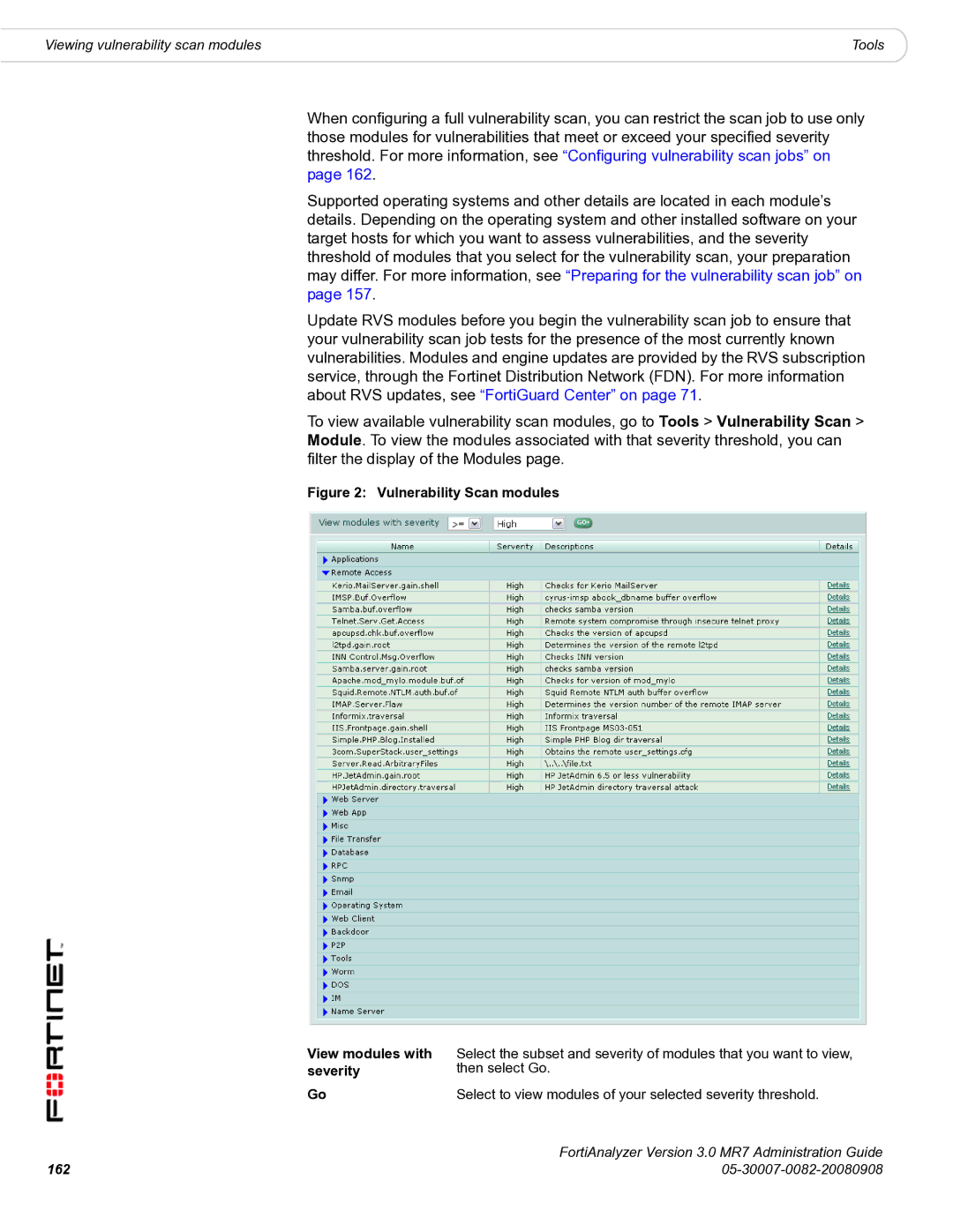 Fortinet 3.0 MR7 manual Vulnerability Scan modules View modules with severity 