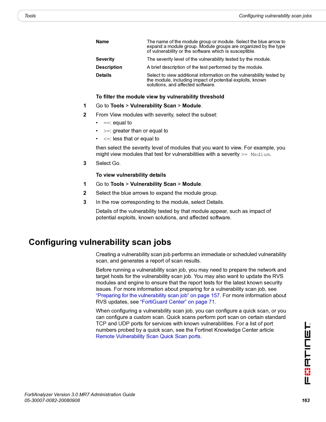 Fortinet 3.0 MR7 manual Configuring vulnerability scan jobs, Details, 163 