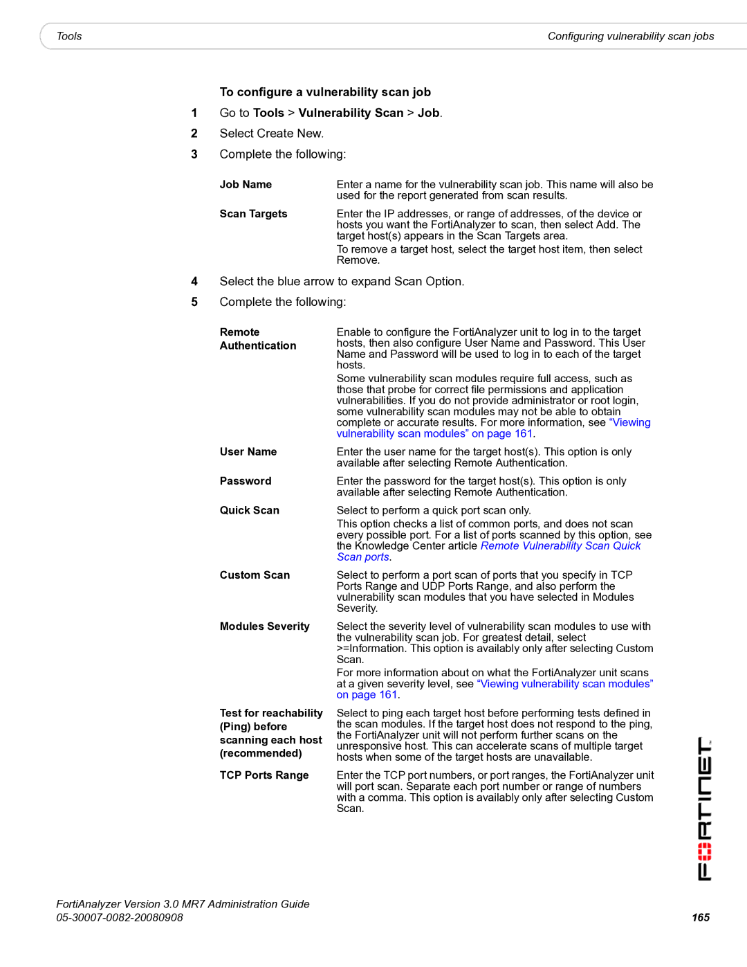 Fortinet 3.0 MR7 Select Create New Complete the following, Scan Targets, Remote Authentication User Name, Quick Scan, 165 