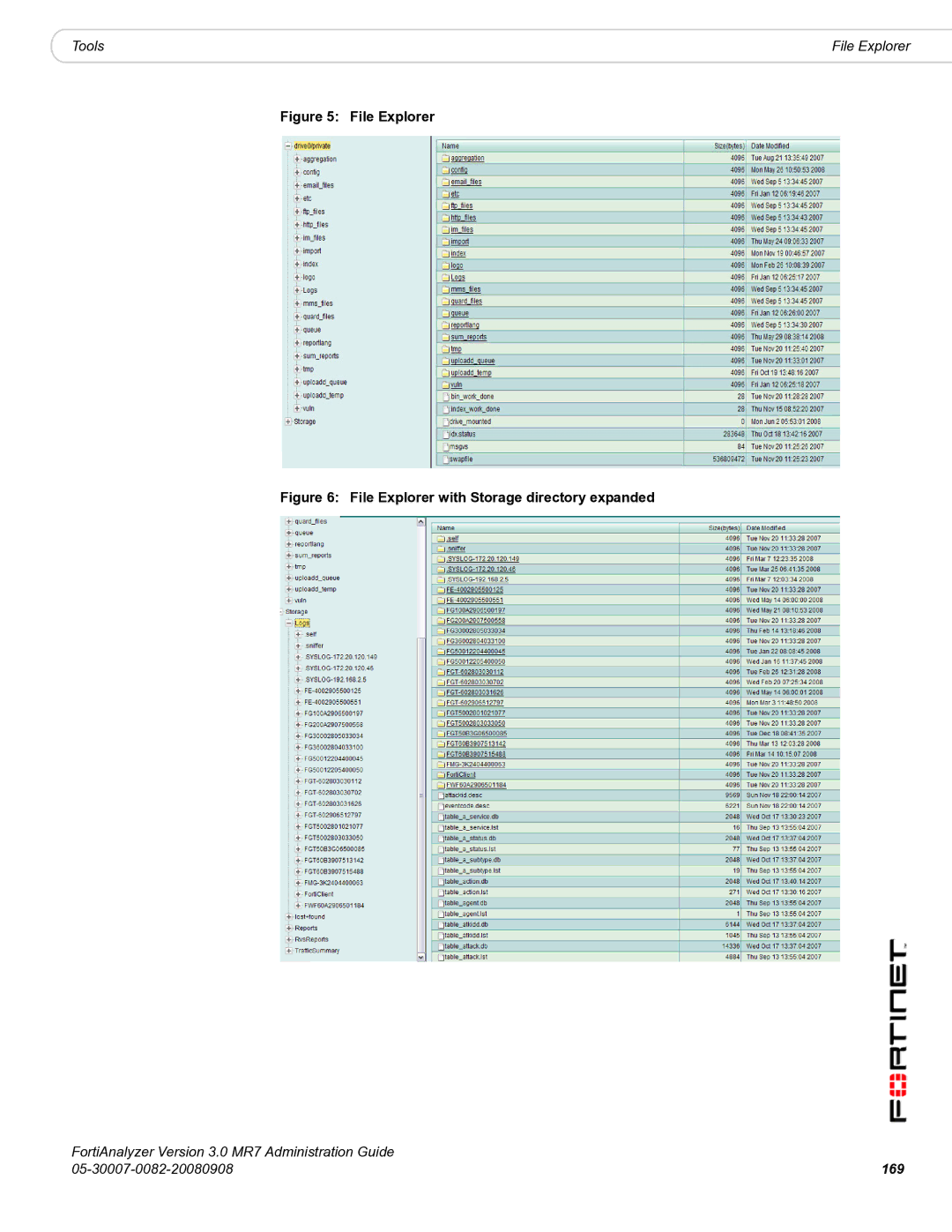 Fortinet 3.0 MR7 manual File Explorer with Storage directory expanded, 169 