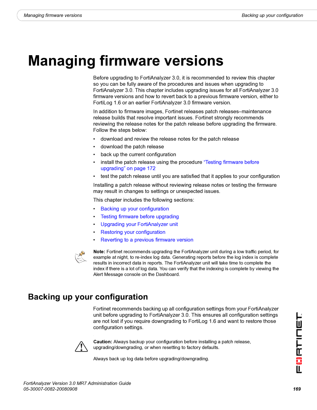 Fortinet 3.0 MR7 manual Managing firmware versions, Backing up your configuration 