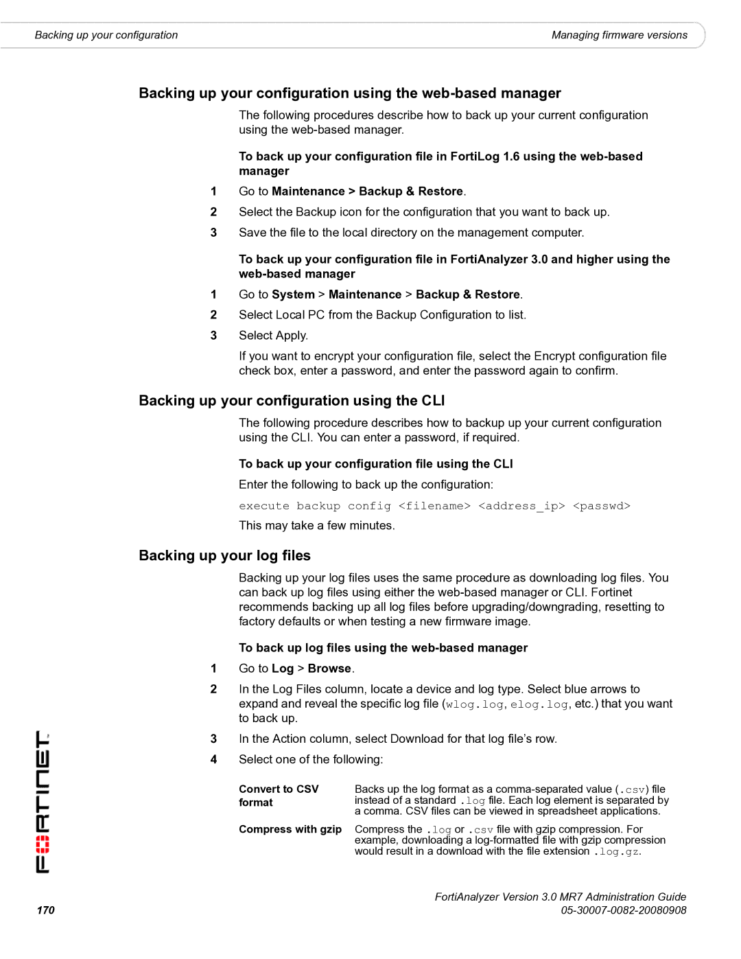 Fortinet 3.0 MR7 Backing up your configuration using the web-based manager, Backing up your configuration using the CLI 