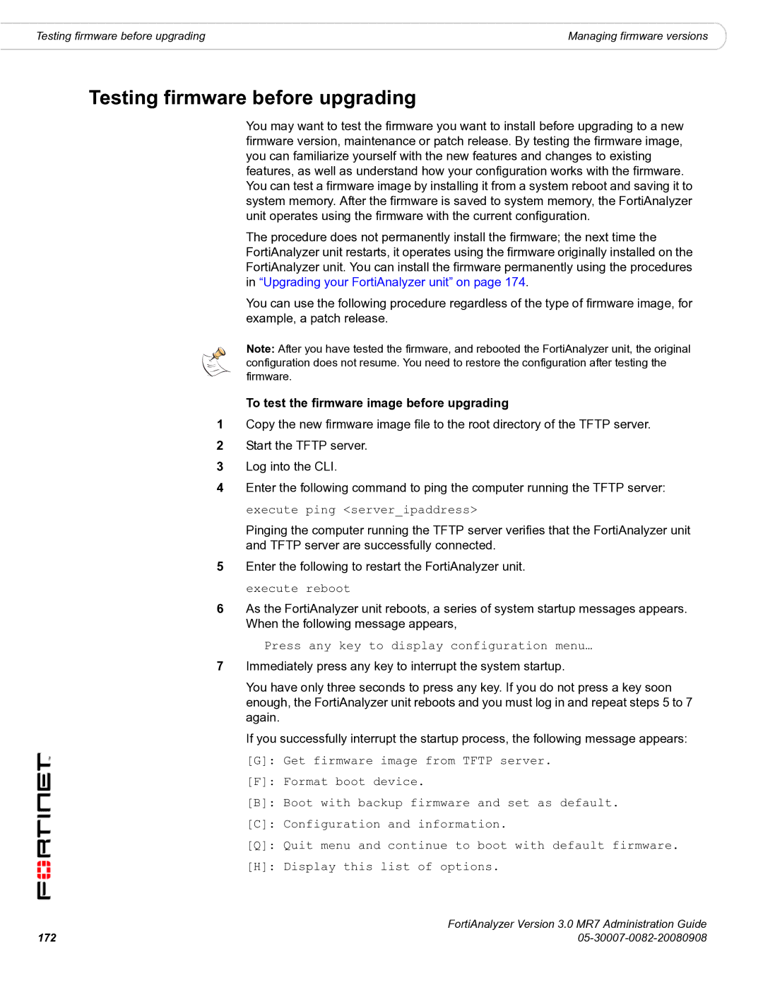 Fortinet 3.0 MR7 manual Testing firmware before upgrading, To test the firmware image before upgrading 