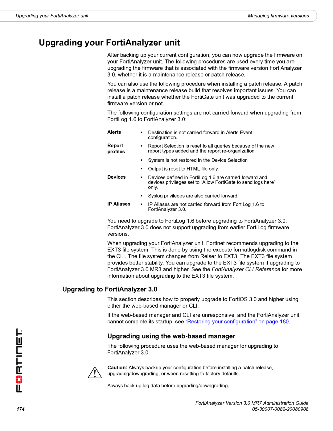 Fortinet 3.0 MR7 Upgrading your FortiAnalyzer unit, Upgrading to FortiAnalyzer, Upgrading using the web-based manager 