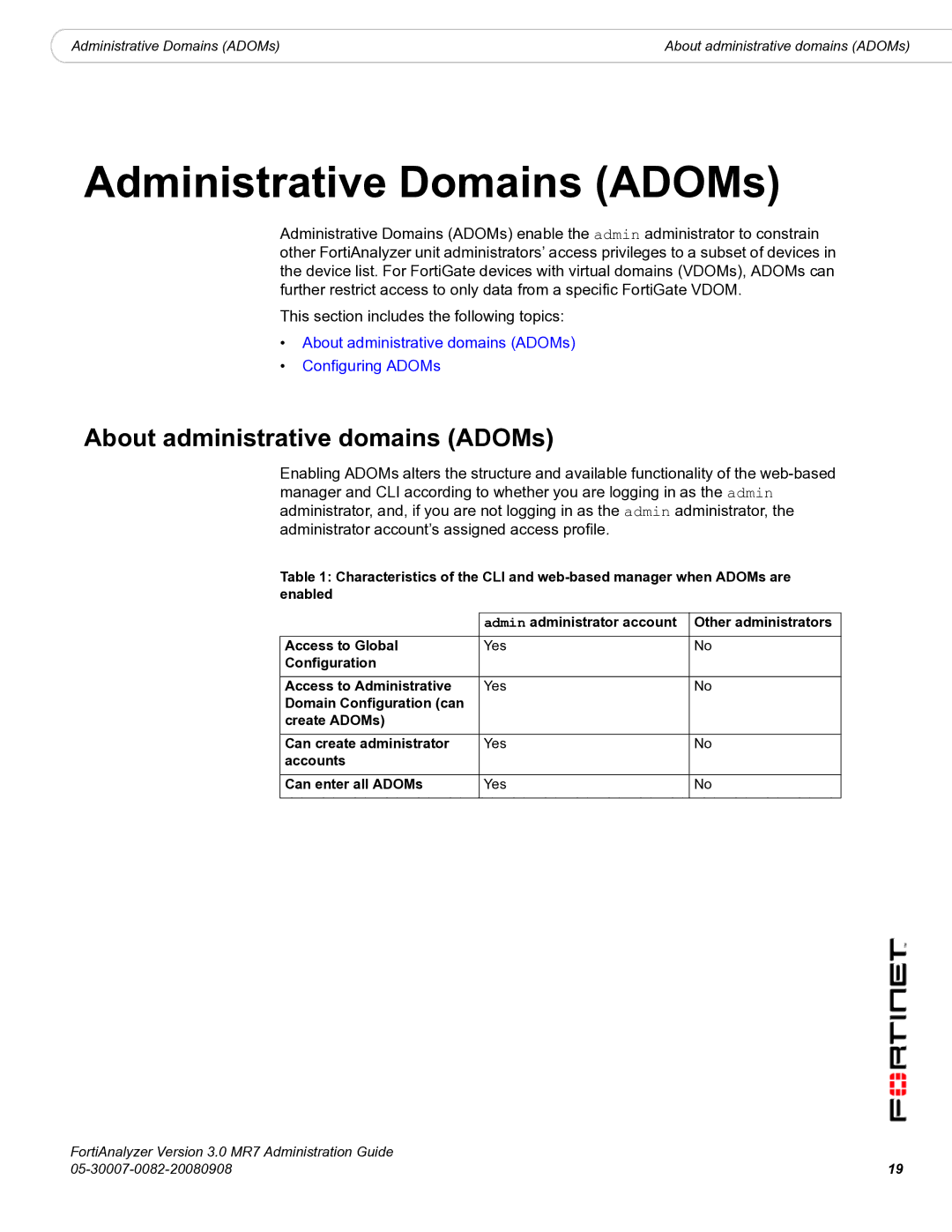 Fortinet 3.0 MR7 manual Administrative Domains ADOMs, About administrative domains ADOMs 