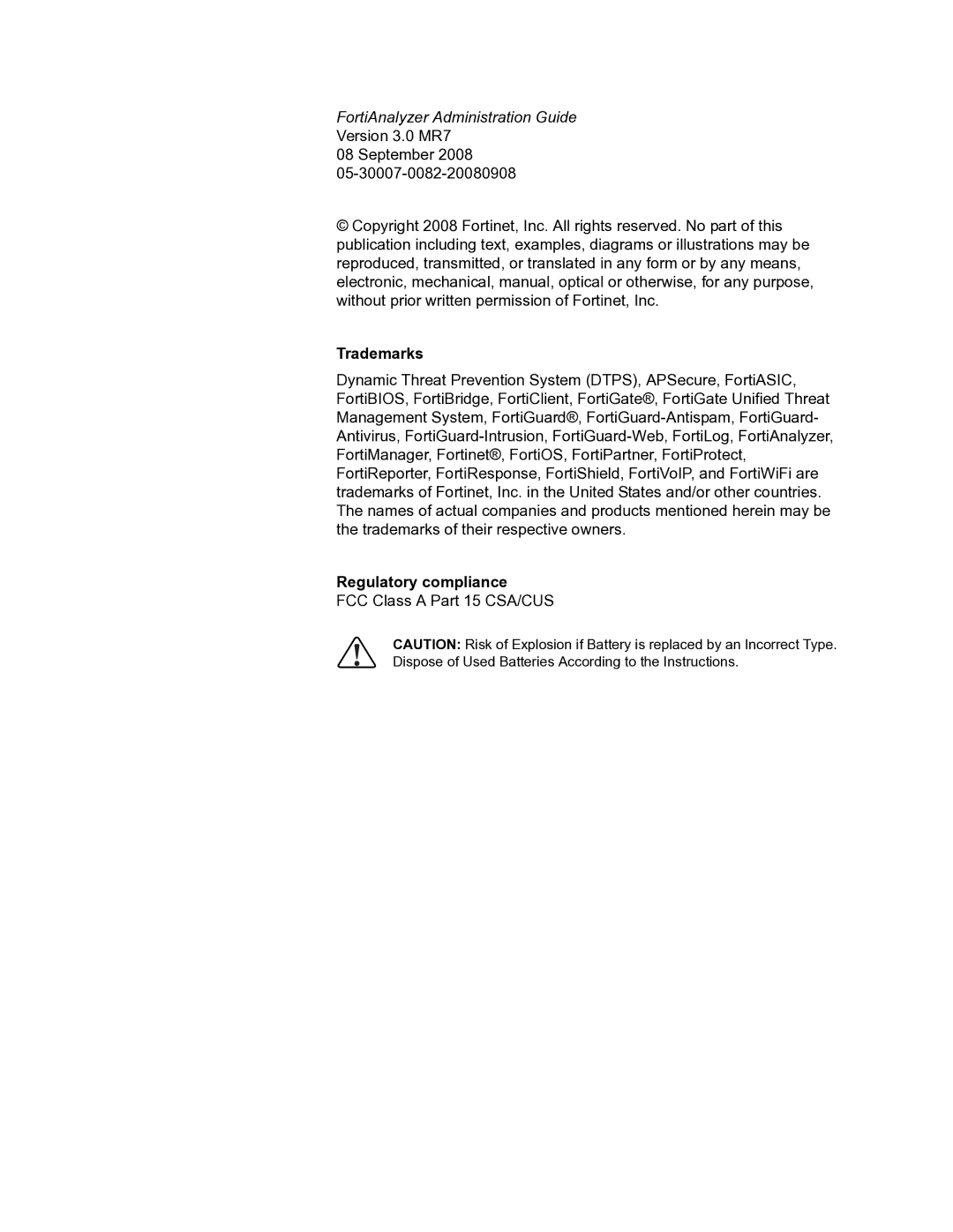 Fortinet 3.0 MR7 manual Trademarks, Regulatory compliance, FCC Class a Part 15 CSA/CUS 