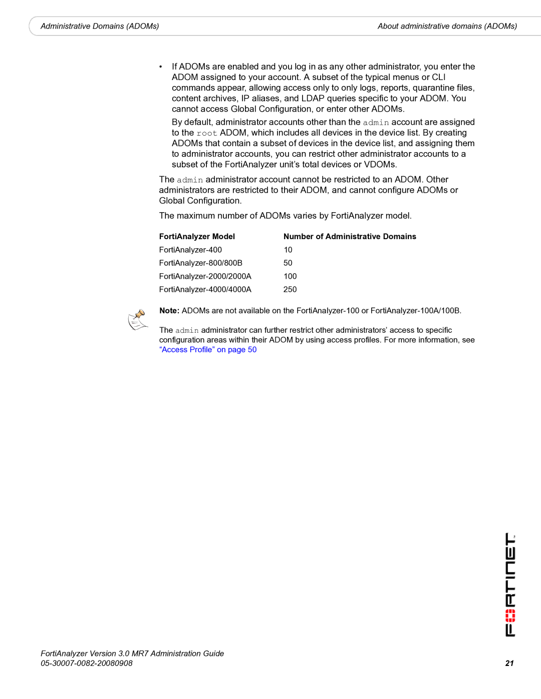 Fortinet 3.0 MR7 manual FortiAnalyzer Model Number of Administrative Domains 