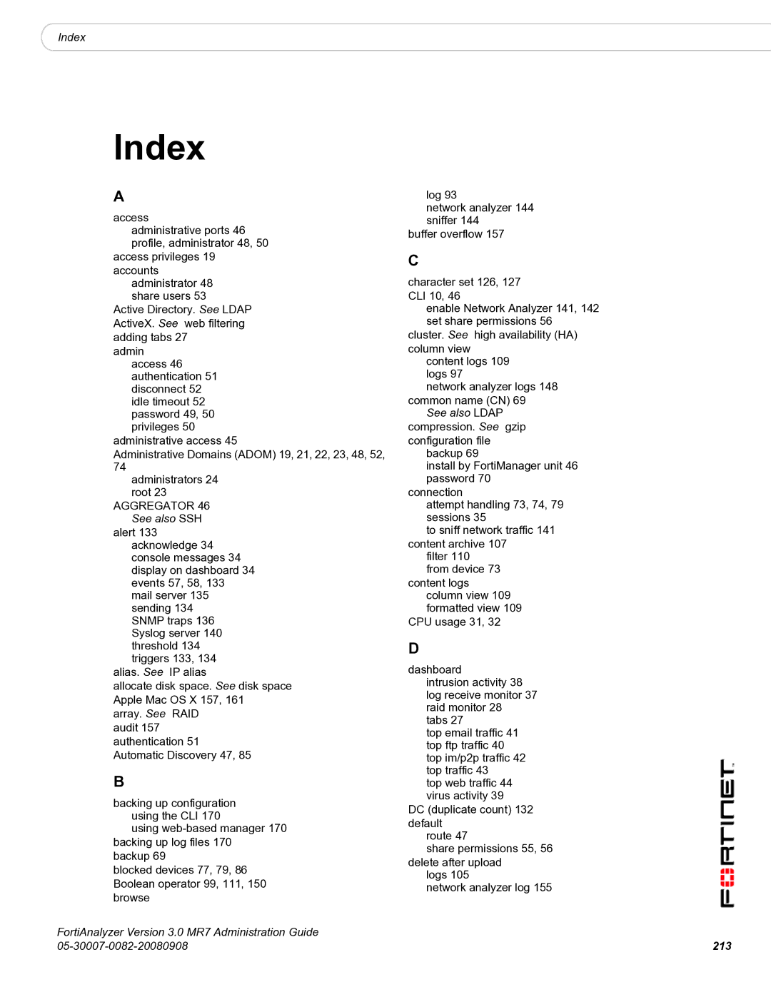 Fortinet 3.0 MR7 manual Index, 213 