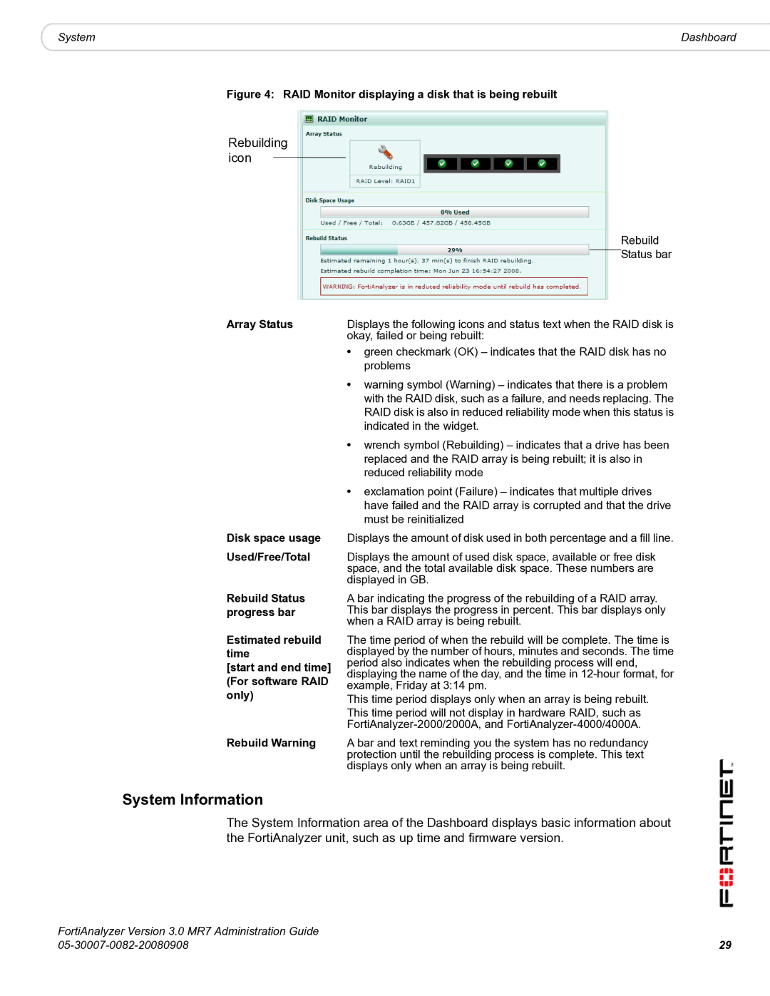 Fortinet 3.0 MR7 manual System Information, Rebuilding icon 