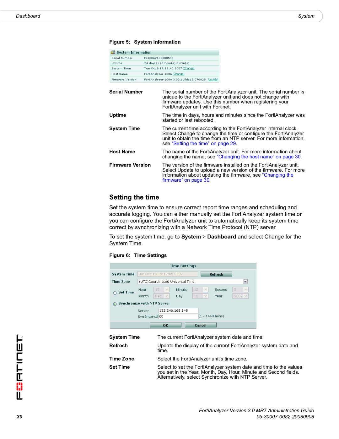 Fortinet 3.0 MR7 manual Setting the time, 05-30007-0082-20080908 