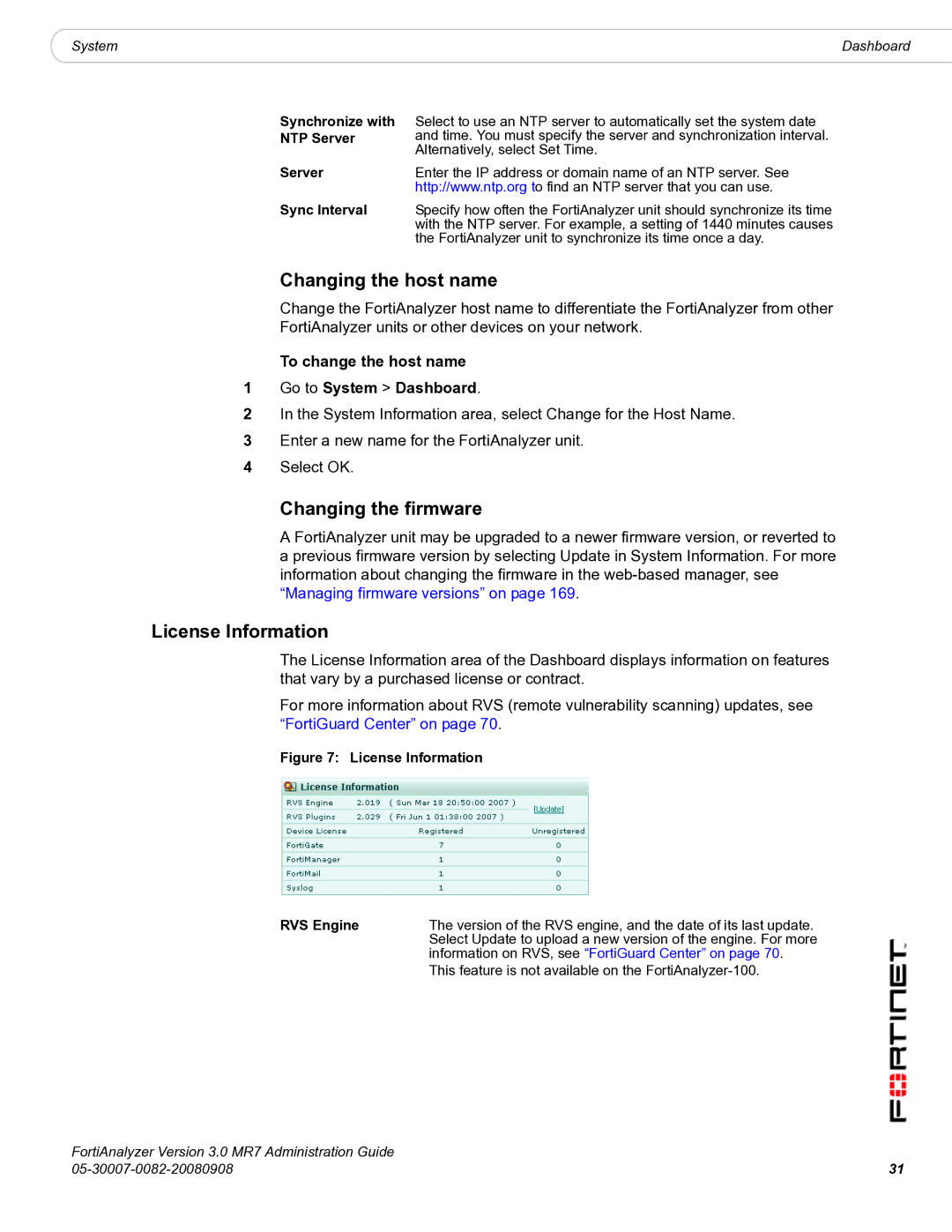 Fortinet 3.0 MR7 manual Changing the host name, Changing the firmware, License Information 