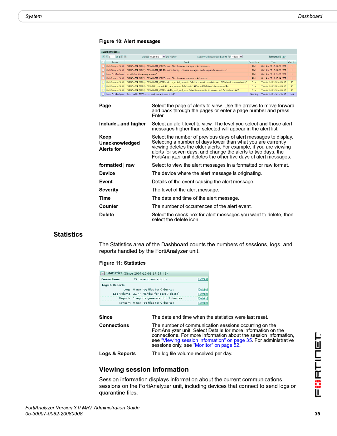 Fortinet 3.0 MR7 manual Statistics, Viewing session information, Select the delete icon, Connections, Logs & Reports 