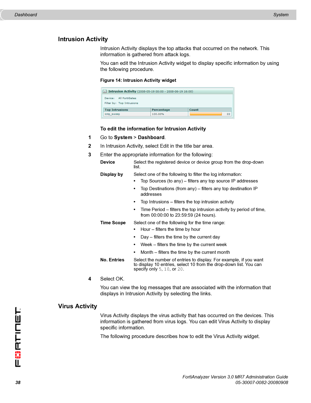 Fortinet 3.0 MR7 manual Intrusion Activity, Virus Activity, Display by 