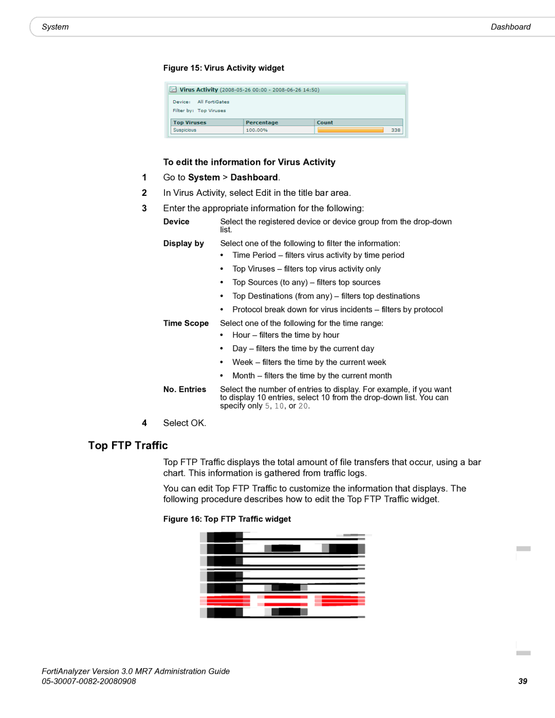 Fortinet 3.0 MR7 manual Top FTP Traffic, Virus Activity widget 