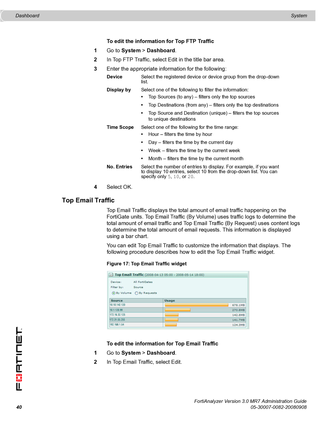 Fortinet 3.0 MR7 manual Top Email Traffic, select Edit 