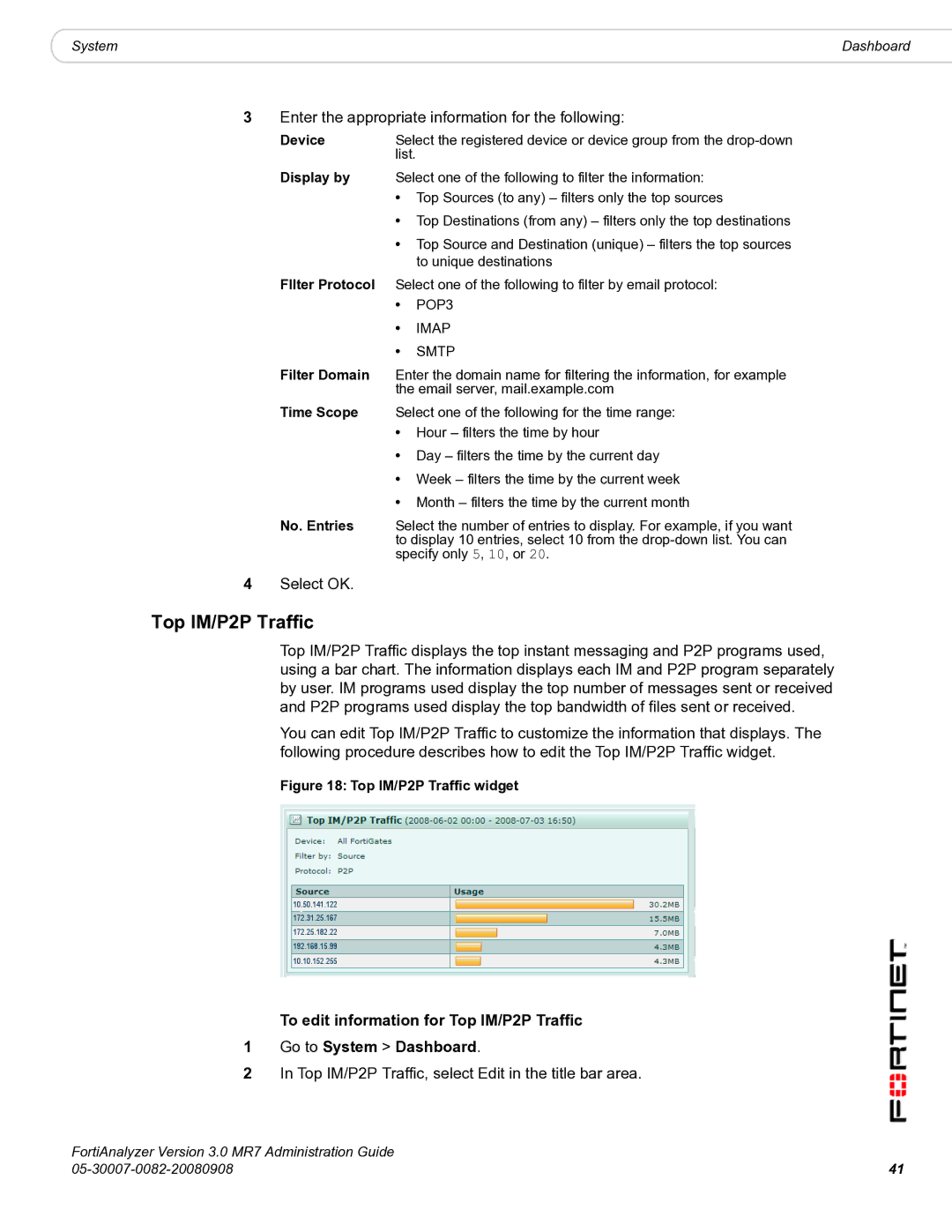 Fortinet 3.0 MR7 manual Top IM/P2P Traffic, select Edit in the title bar area 