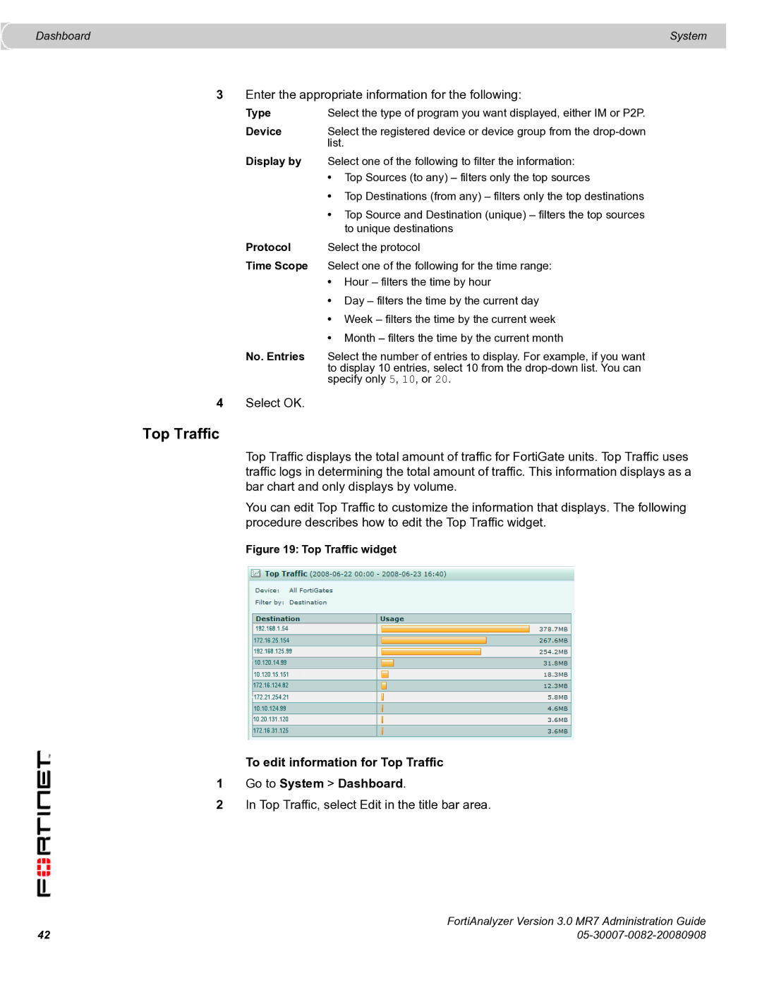 Fortinet 3.0 MR7 manual To edit information for Top Traffic Go to System Dashboard 