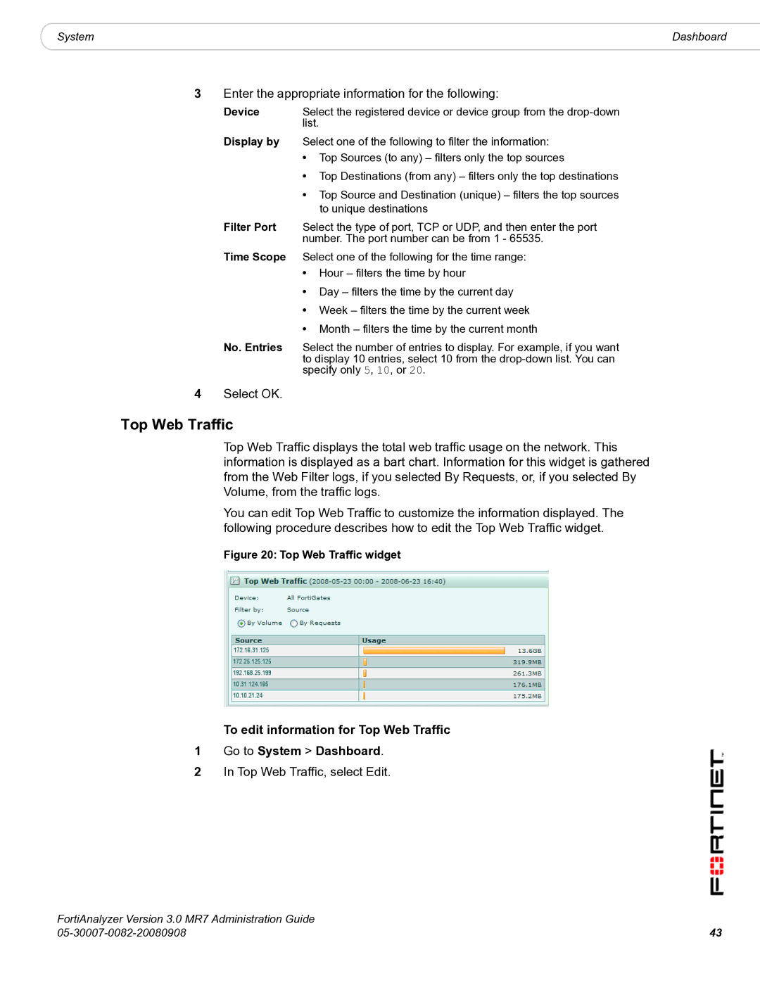 Fortinet 3.0 MR7 manual Top Web Traffic, select Edit 