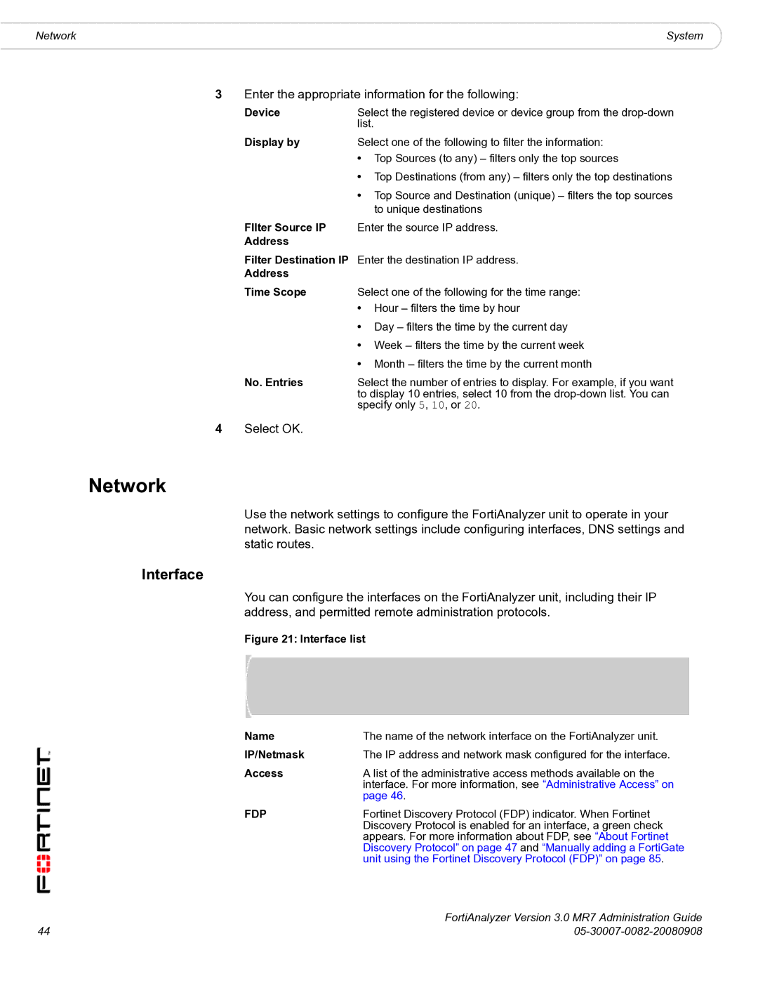 Fortinet 3.0 MR7 manual Network, Interface 