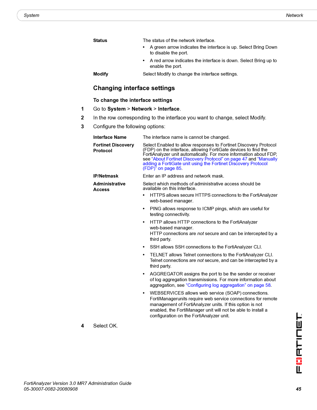 Fortinet 3.0 MR7 manual Changing interface settings, Status, Modify, Fortinet Discovery Protocol, Administrative 