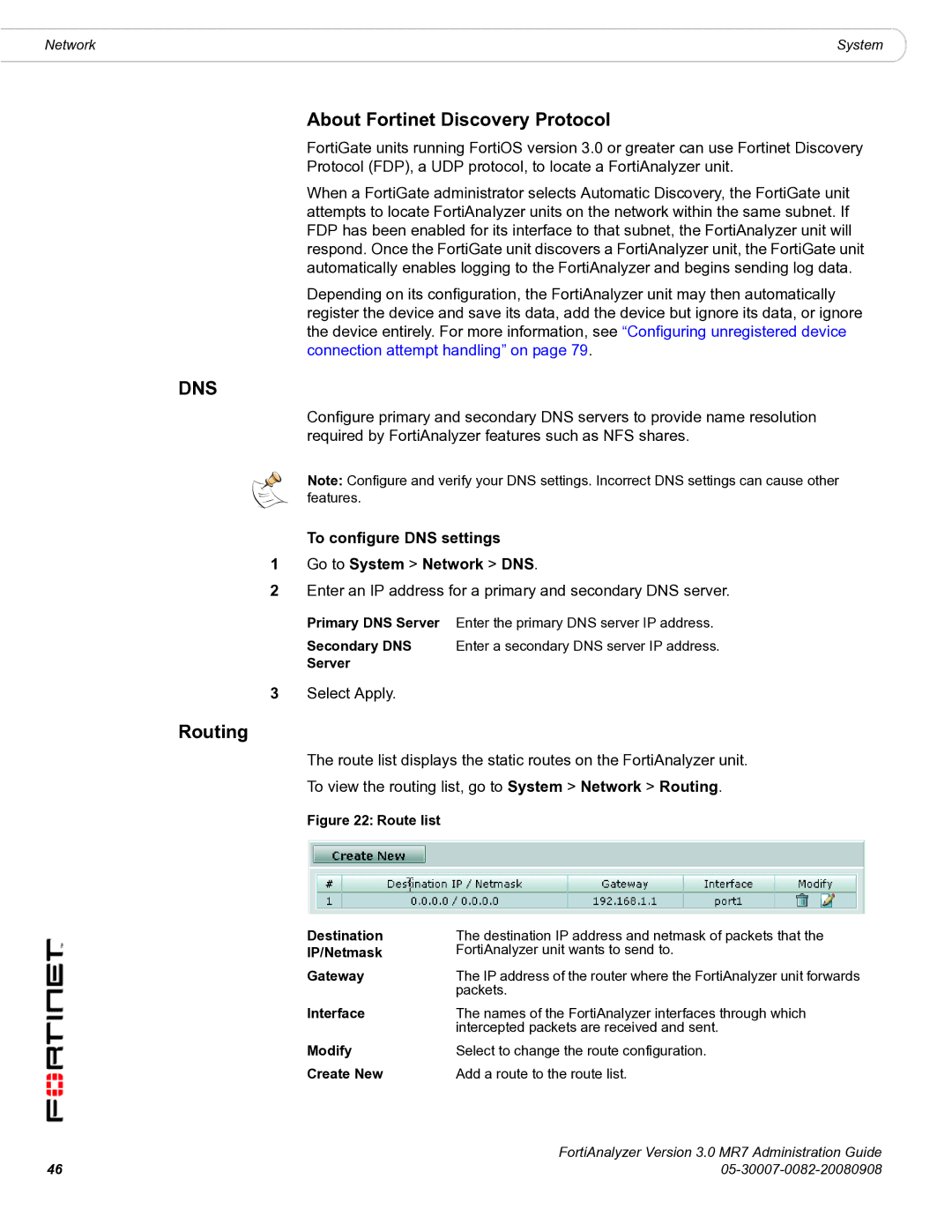 Fortinet 3.0 MR7 manual About Fortinet Discovery Protocol, Routing, To configure DNS settings Go to System Network DNS 